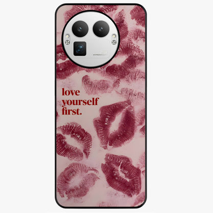 Crimson Kiss Love Glass Case showing flat back view with romantic crimson themed artwork and glossy glass finish.