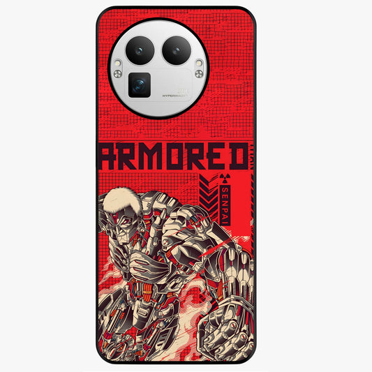 Crimson Mecha Titan Glass Case showing flat back view with powerful mech titan artwork and glossy glass finish.