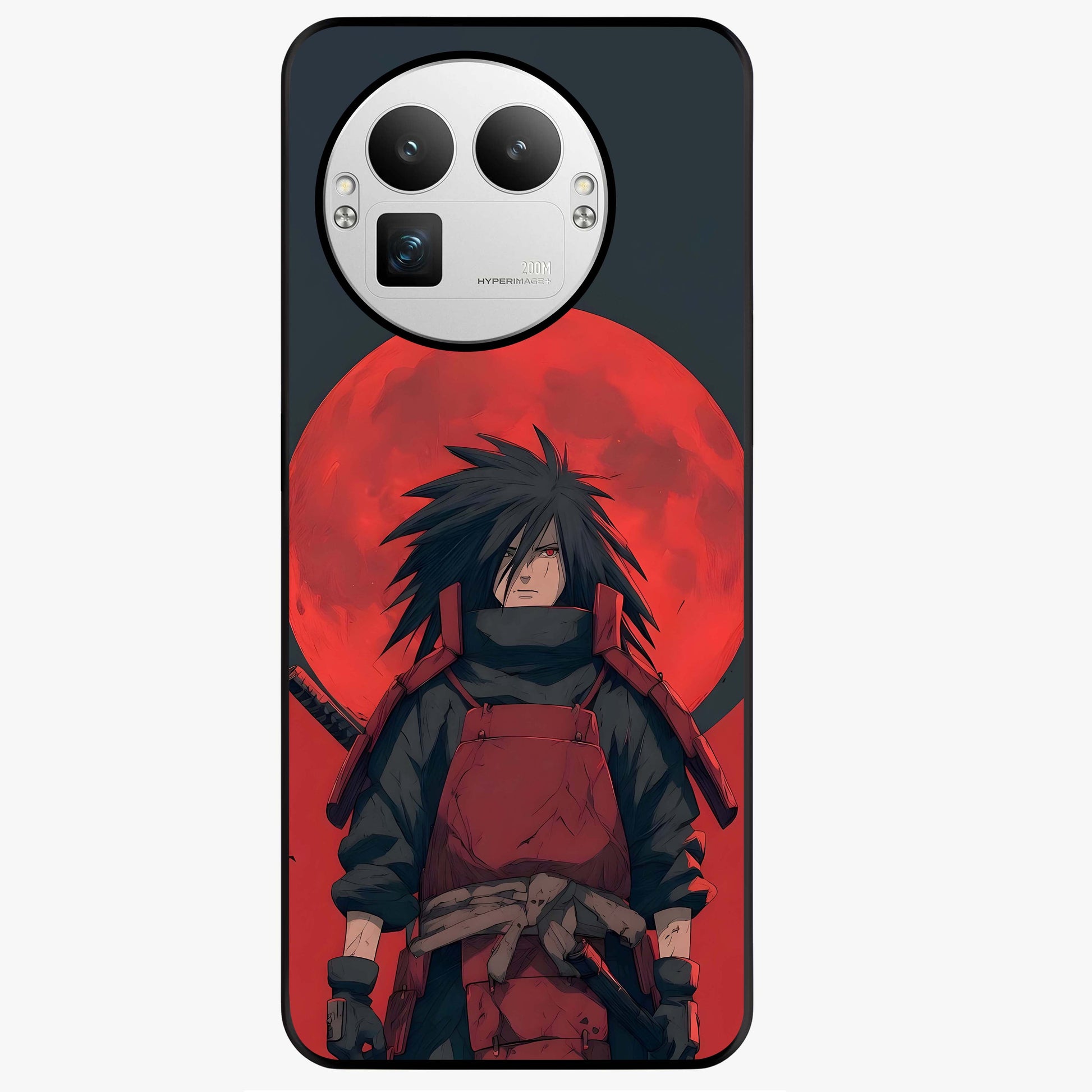 Crimson Moon Warlord Glass Case showing flat back view with mystical moon warrior artwork and glossy glass finish.