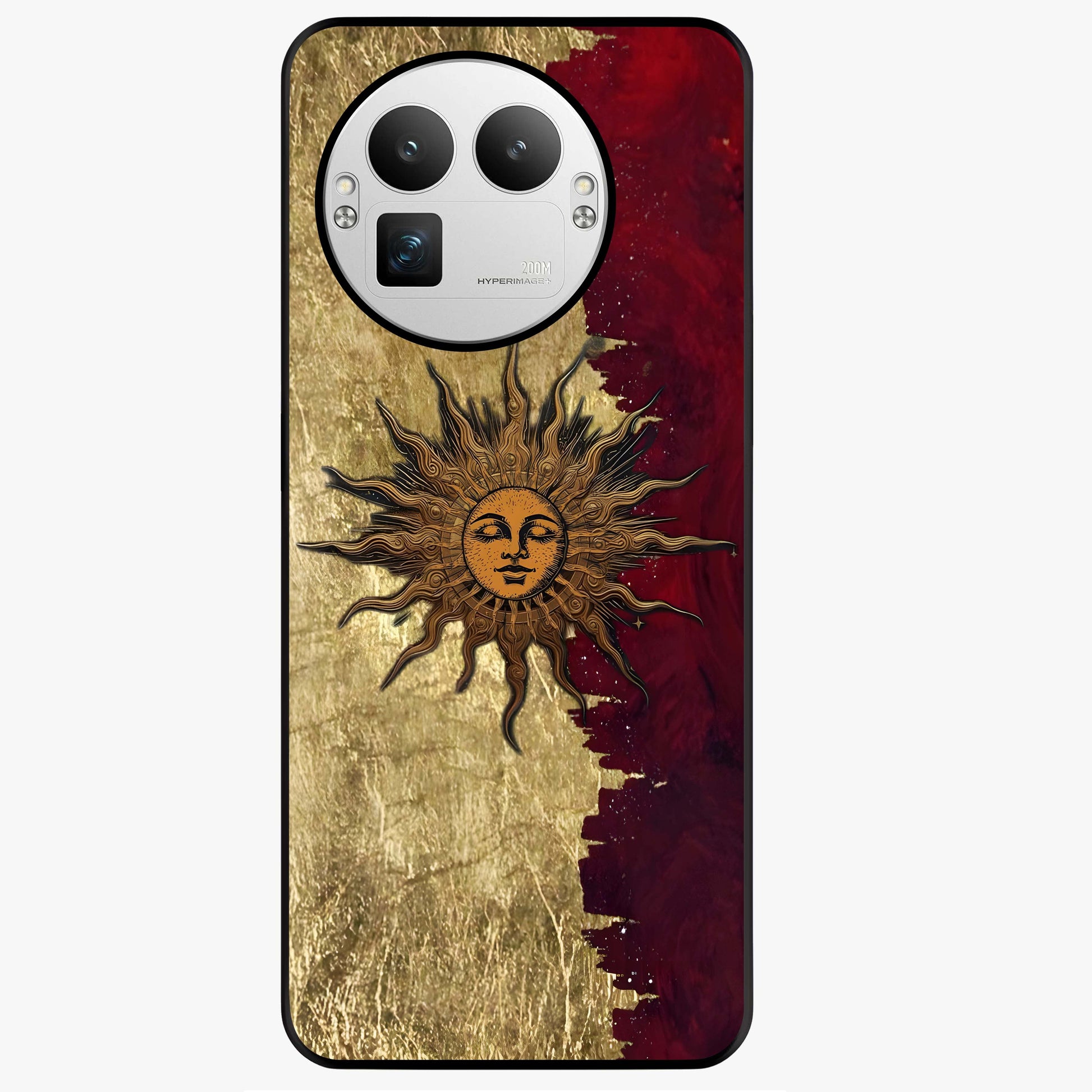 Crimson Sun Majesty Glass Case showing flat back view with radiant sun inspired artwork and glossy glass finish.