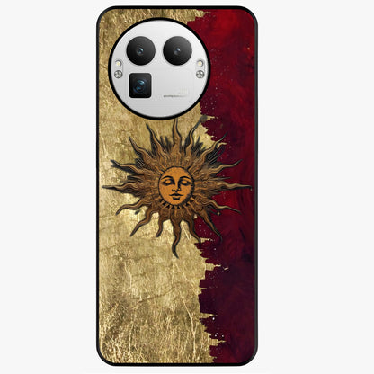Crimson Sun Majesty Glass Case showing flat back view with radiant sun inspired artwork and glossy glass finish.