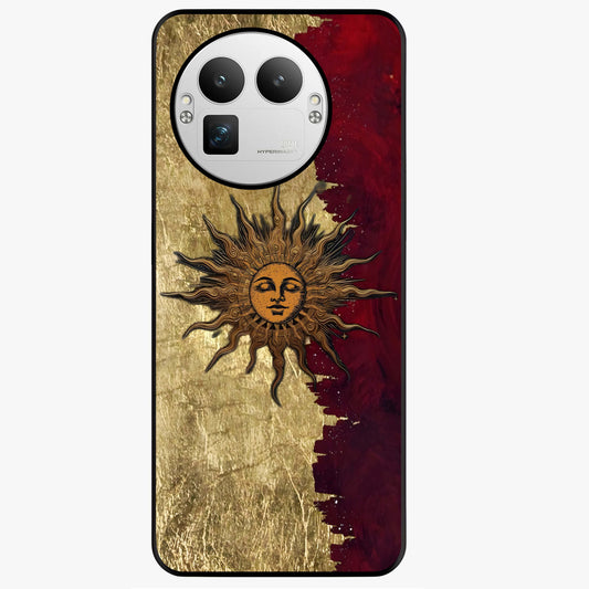 Crimson Sun Majesty Glass Case showing flat back view with radiant sun inspired artwork and glossy glass finish.