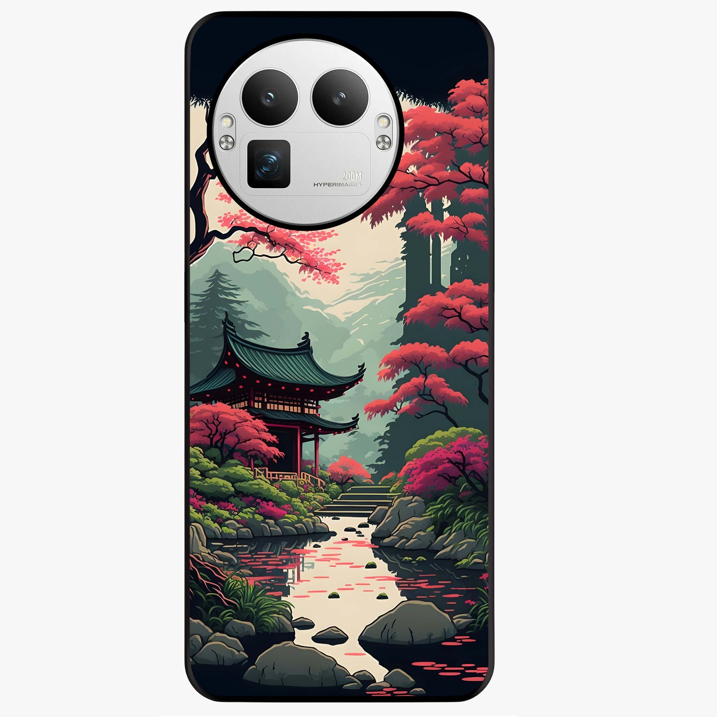 Crimson Temple View Glass Case showing flat back view with temple inspired artwork and glossy glass finish.