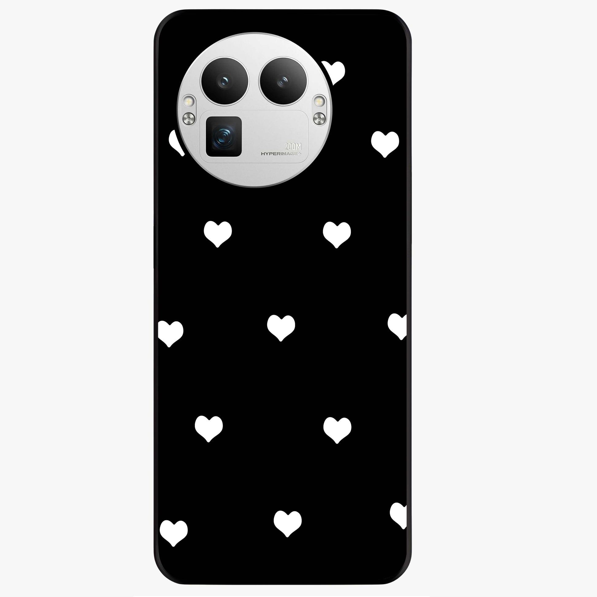 Cute And Simple White Hearts Glass Case showing flat back view with minimal white heart pattern and glossy glass finish.