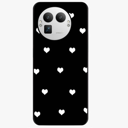 Cute And Simple White Hearts Glass Case showing flat back view with minimal white heart pattern and glossy glass finish.