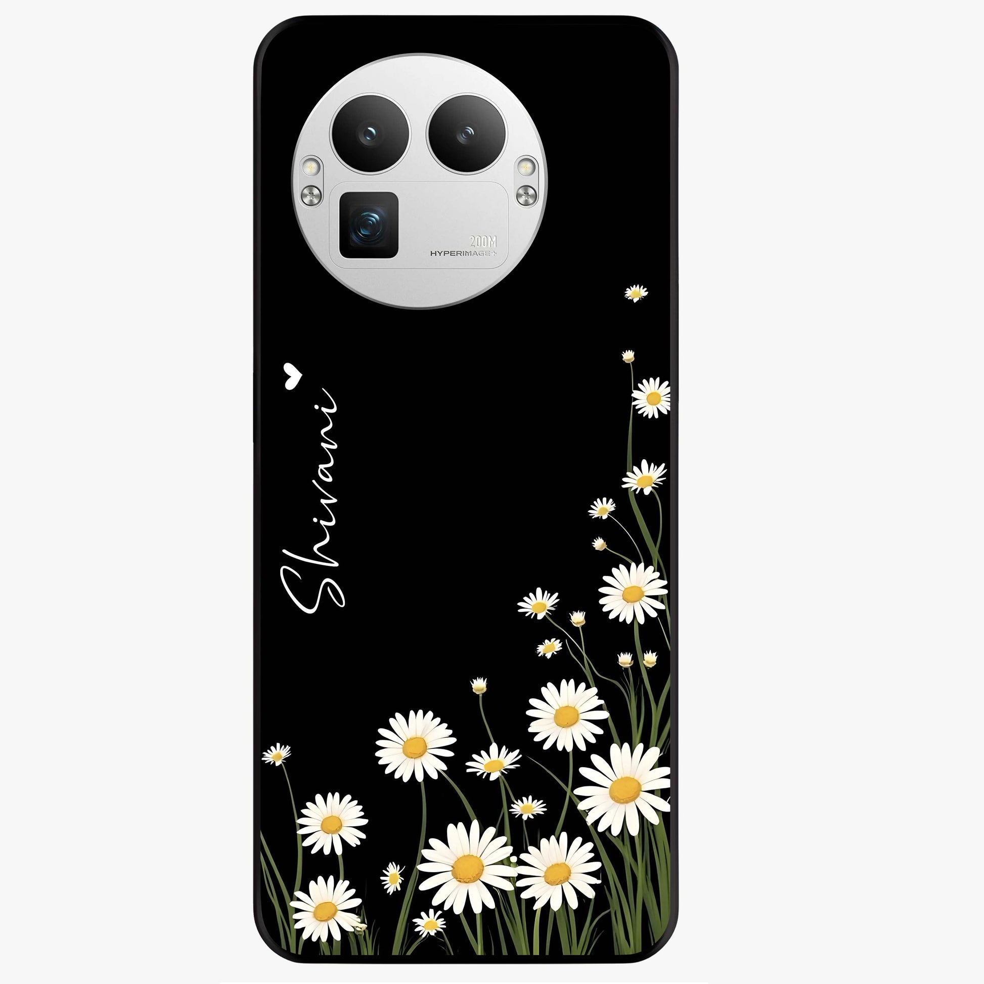 Daisy Cascade Custom Name Glass Case showing flat back view with cascading daisy flowers and personalized name design.