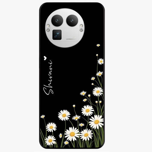 Daisy Cascade Custom Name Glass Case showing flat back view with cascading daisy flowers and personalized name design.