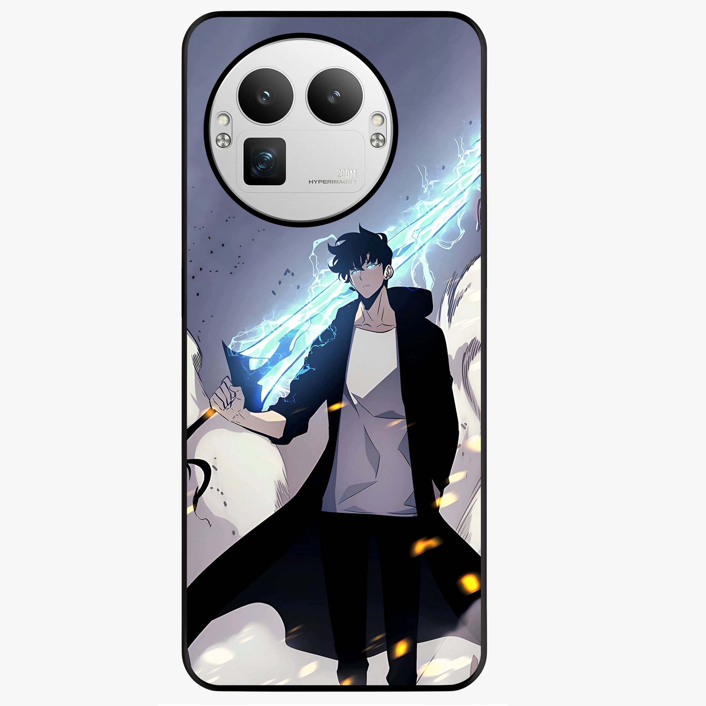 Dark Lightning Anime Warrior Glass Case showing flat back view with intense anime warrior artwork and glossy glass finish.