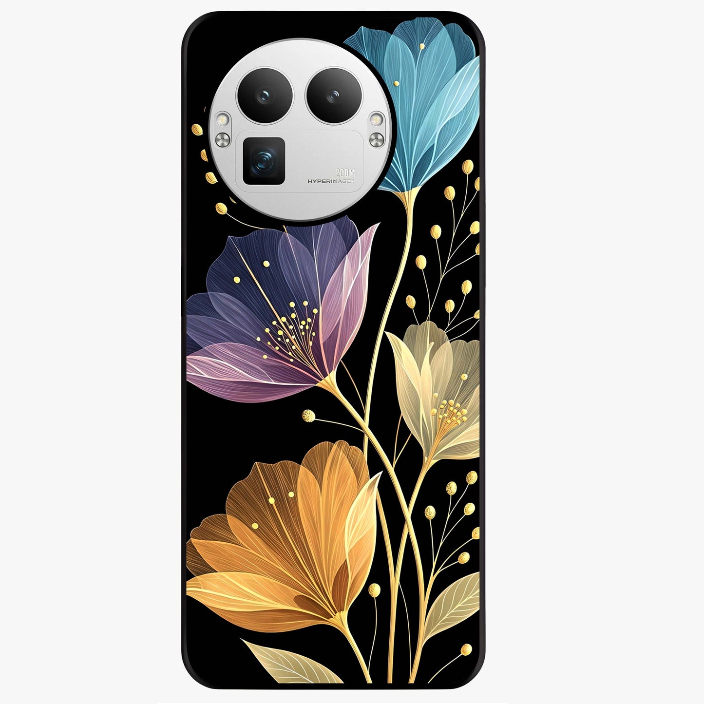 Delicate Multicolor Flowers Glass Case showing flat back view with vibrant floral artwork and glossy glass finish.