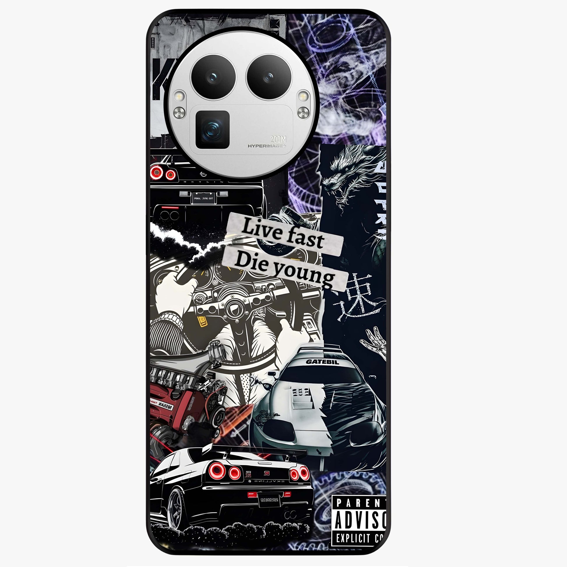 Die Young Glass Case showing flat back view with bold artistic typography design and glossy glass finish.