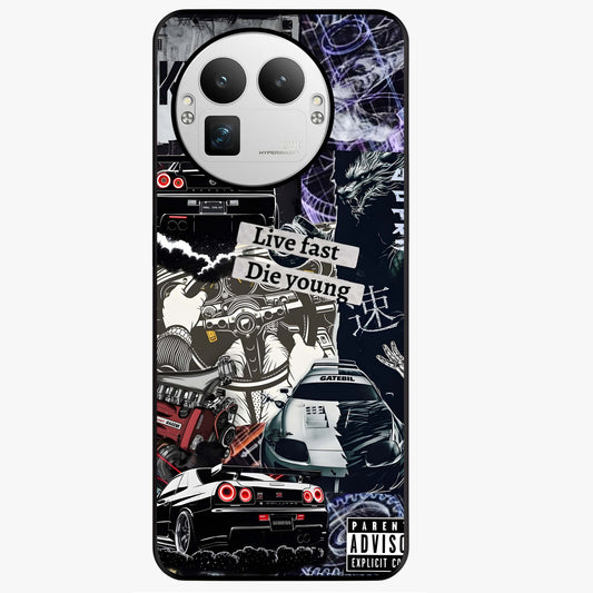 Die Young Glass Case showing flat back view with bold artistic typography design and glossy glass finish.