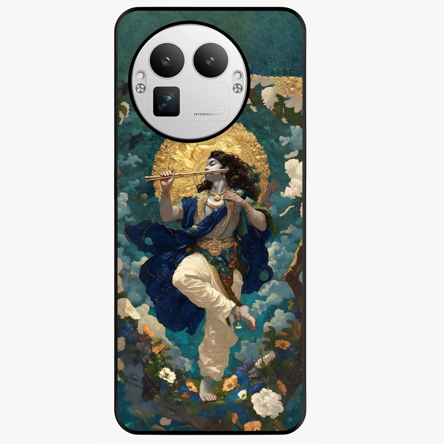 Divine Krishna Art Glass Case showing flat back view with Lord Krishna artwork and glossy glass finish.