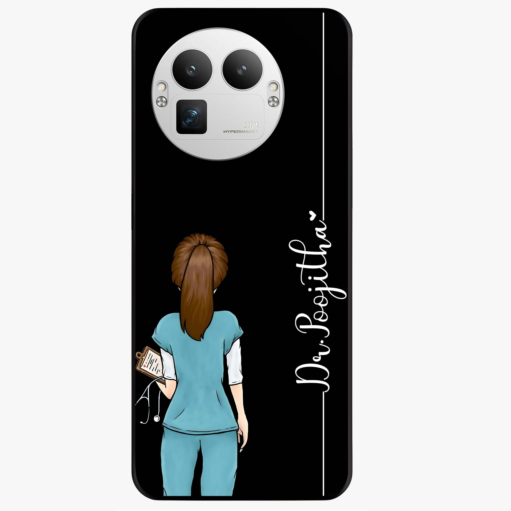 Doctor Pattern Custom Name Glass Case showing flat back view with medical themed pattern and personalized name design.