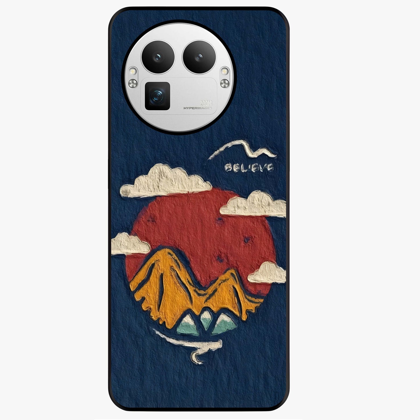 Dream Beyond Mountains Glass Case showing flat back view with scenic mountain landscape artwork and glossy glass finish.