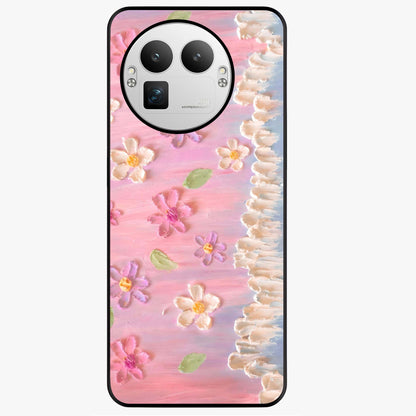 Dreamy Painted Garden Glass Case showing flat back view with artistic painted floral garden artwork and glossy glass finish.