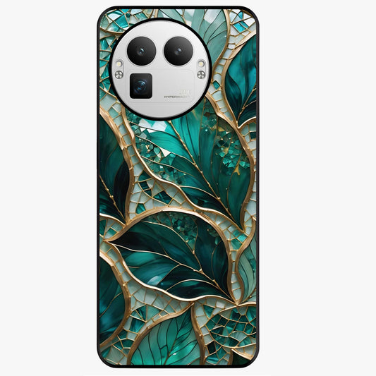 Emerald Leaf Glass Glass Case showing flat back view with emerald green leaf artwork and glossy glass finish.