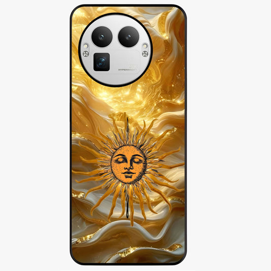 Eternal Golden Glow Glass Case showing flat back view with radiant golden themed artwork and glossy glass finish.