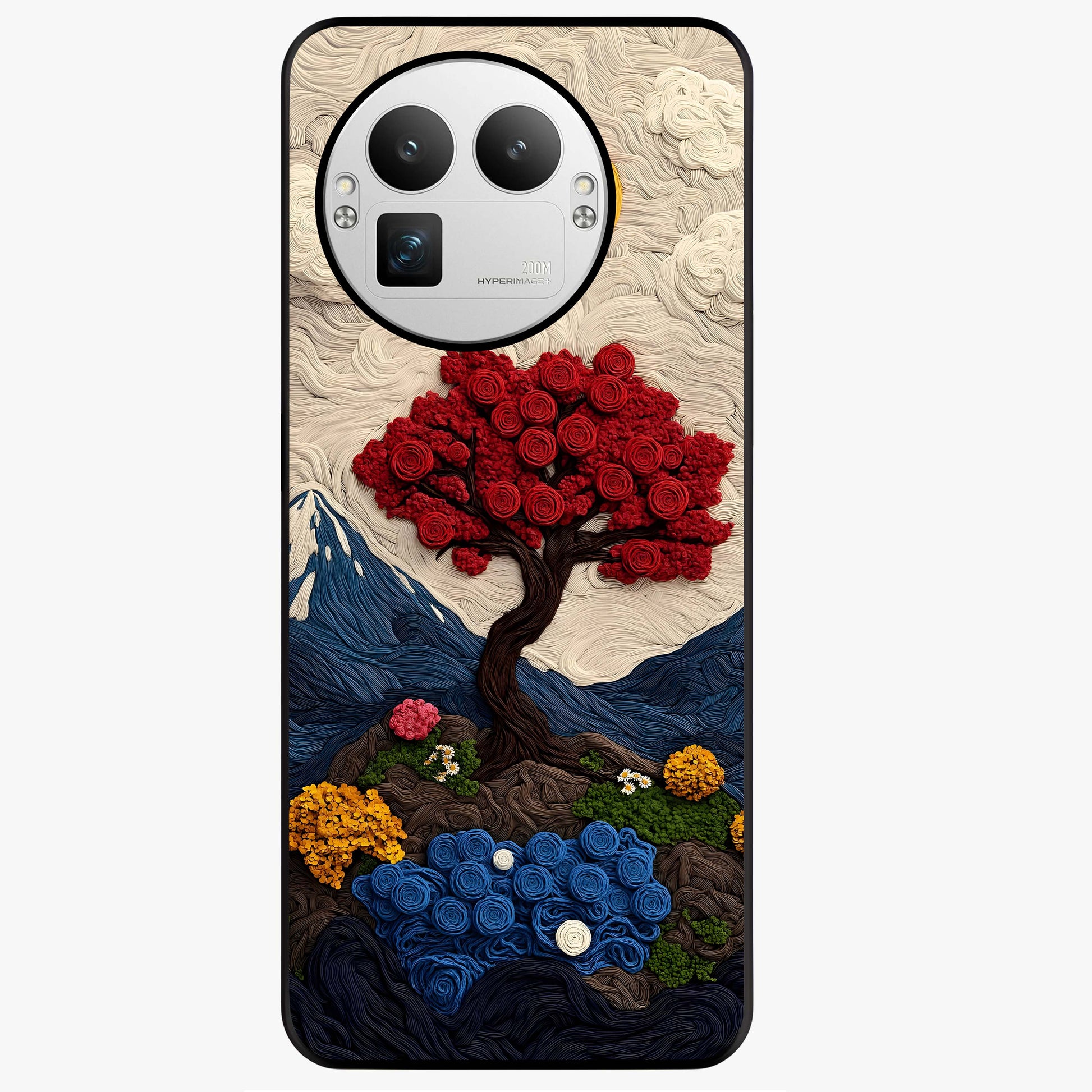 Eternal Nature Tapestry Glass Case showing flat back view with intricate nature tapestry artwork and glossy glass finish.