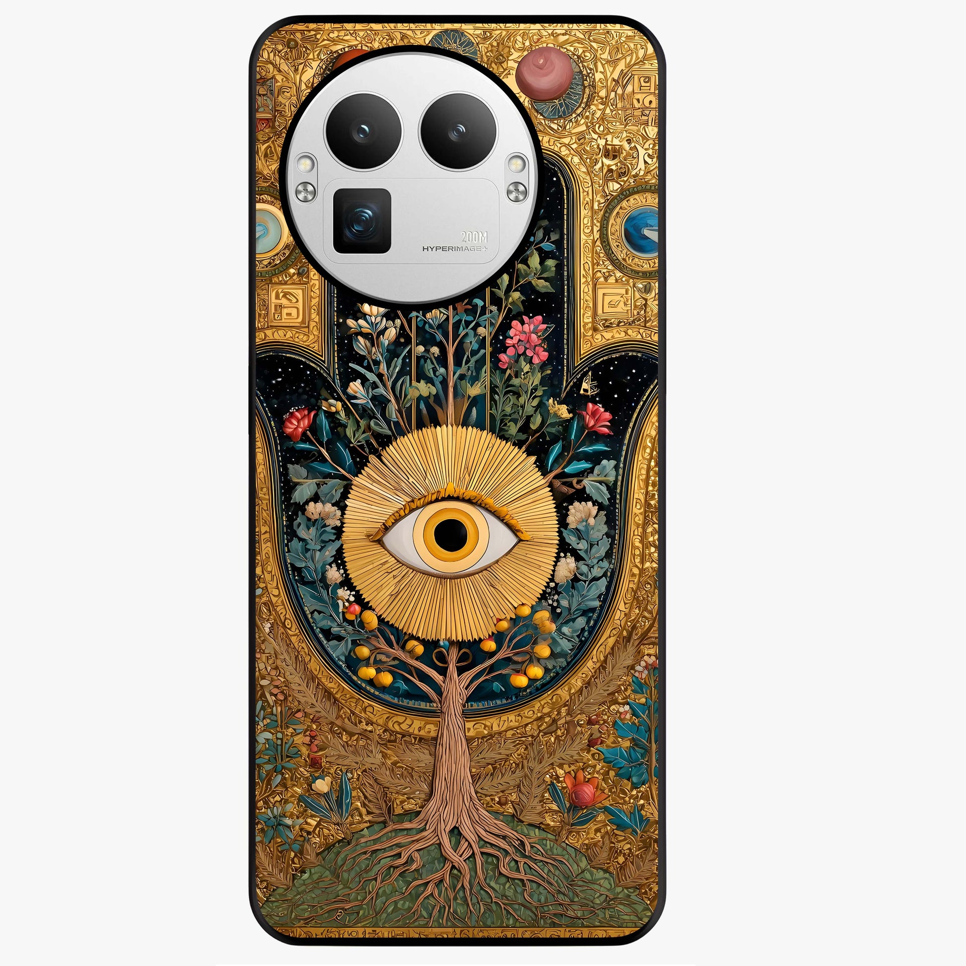 Ethereal Evil Eye Glass Case showing flat back view with mystical evil eye artwork and glossy glass finish.