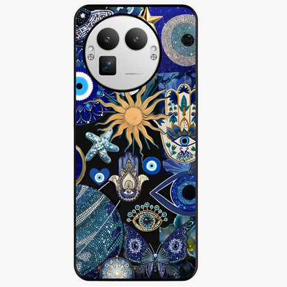 Evil Eye Charm Mix Glass Case showing flat back view with multiple evil eye charms artwork and glossy glass finish.