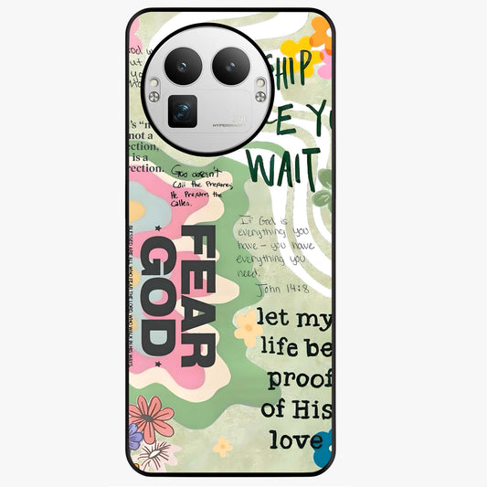 Faith Over Fear Glass Case showing flat back view with motivational typography artwork and glossy glass finish.
