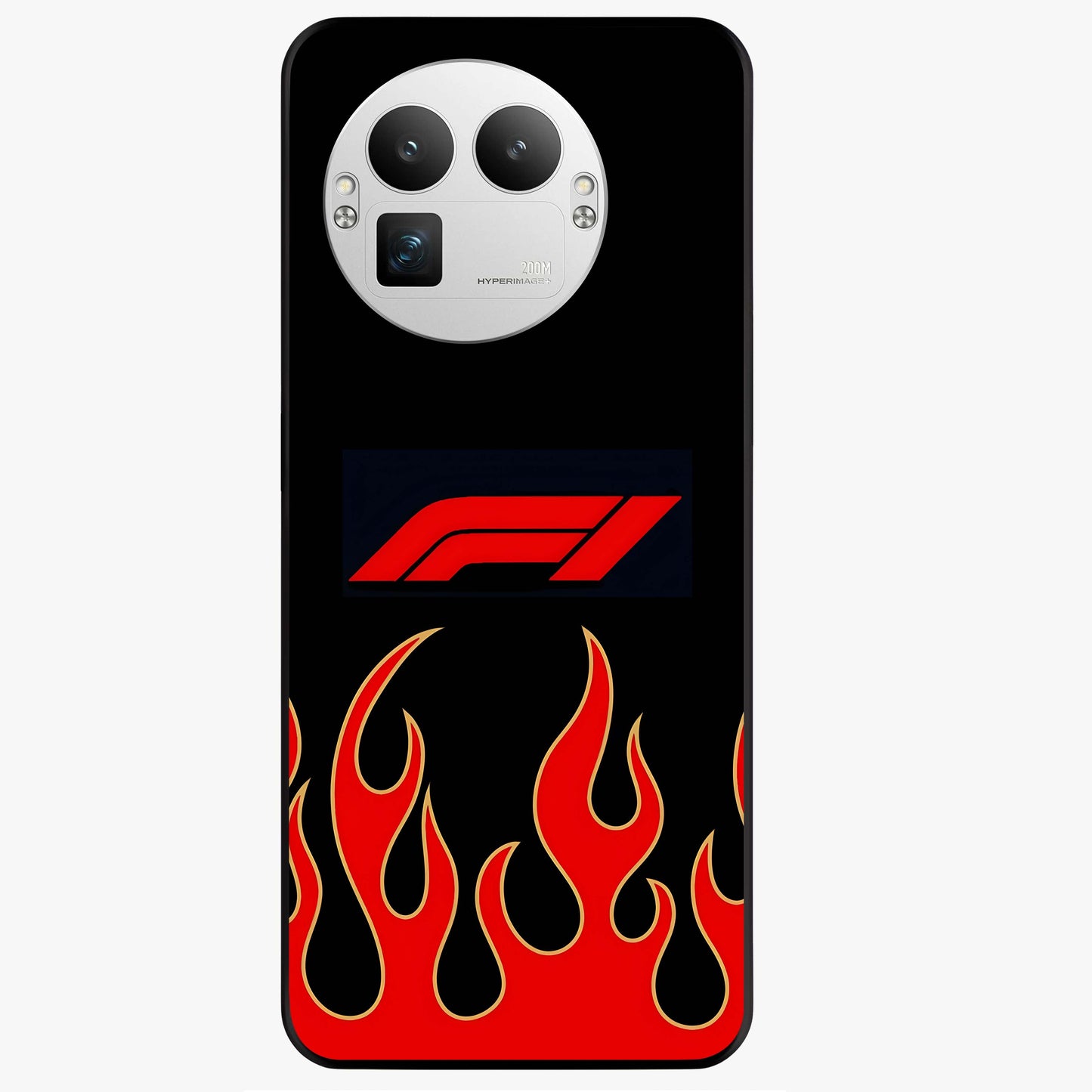 Fire F11 Glass Case showing flat back view with fiery themed artwork and glossy glass finish.