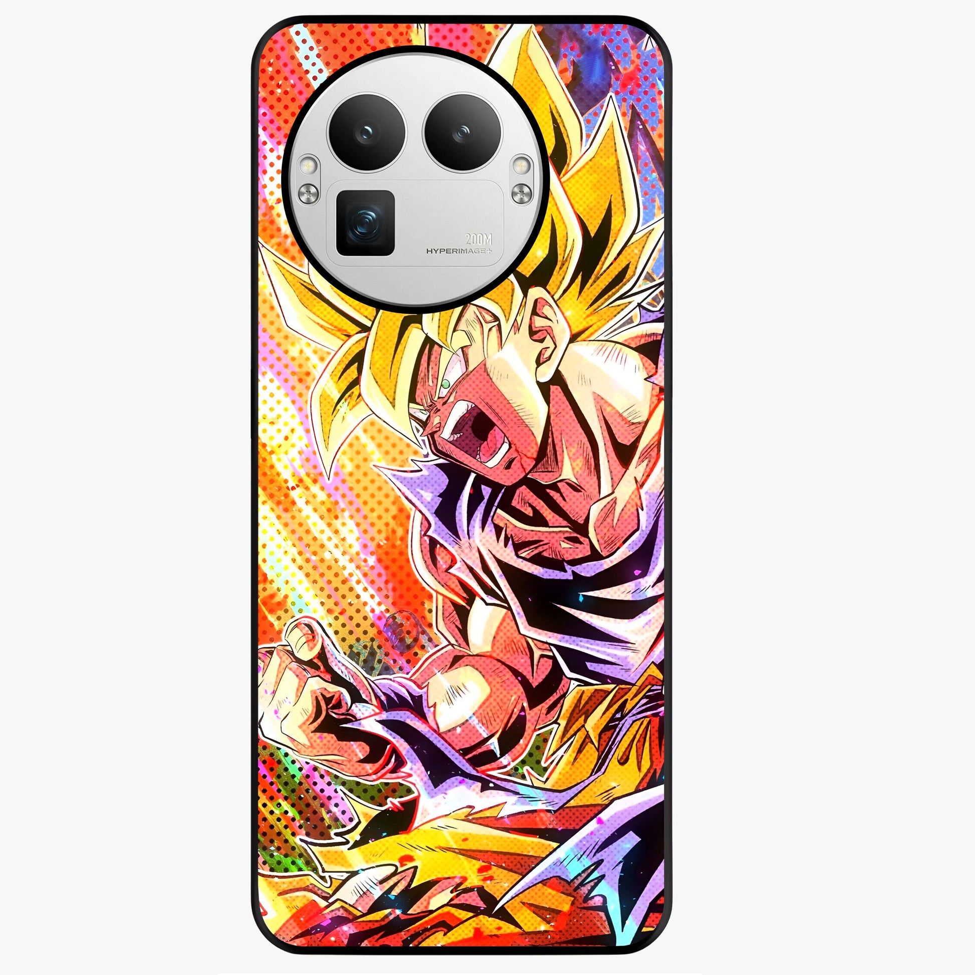 Firing Goku Glass Case showing flat back view with powerful anime inspired artwork and glossy glass finish.