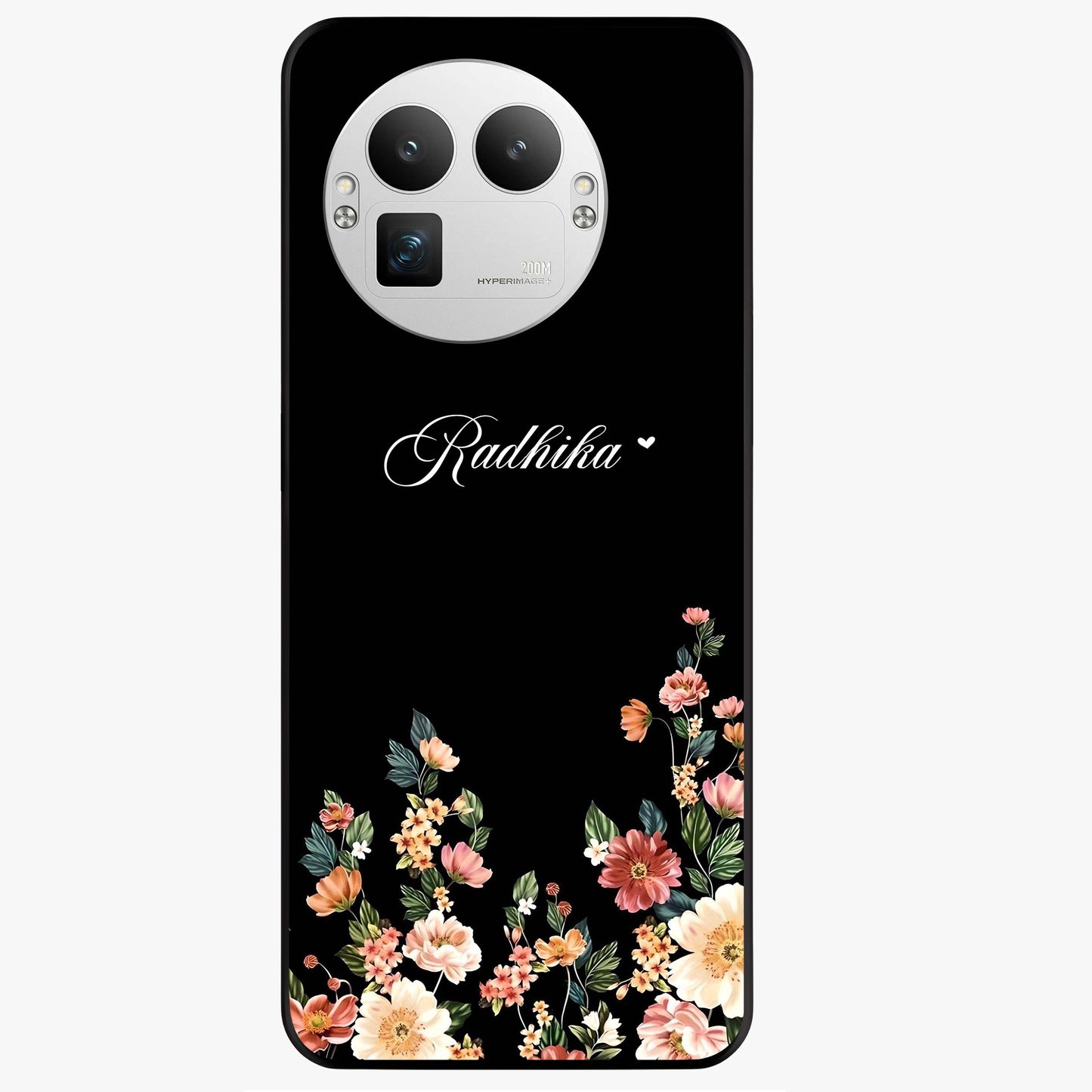 Floral Design With a Custom Personalized Name Glass Case showing flat back view with floral artwork and personalized name design.