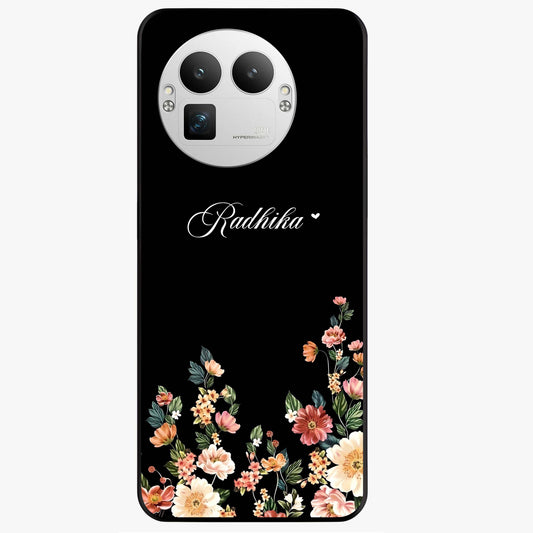 Floral Design With a Custom Personalized Name Glass Case showing flat back view with floral artwork and personalized name design.