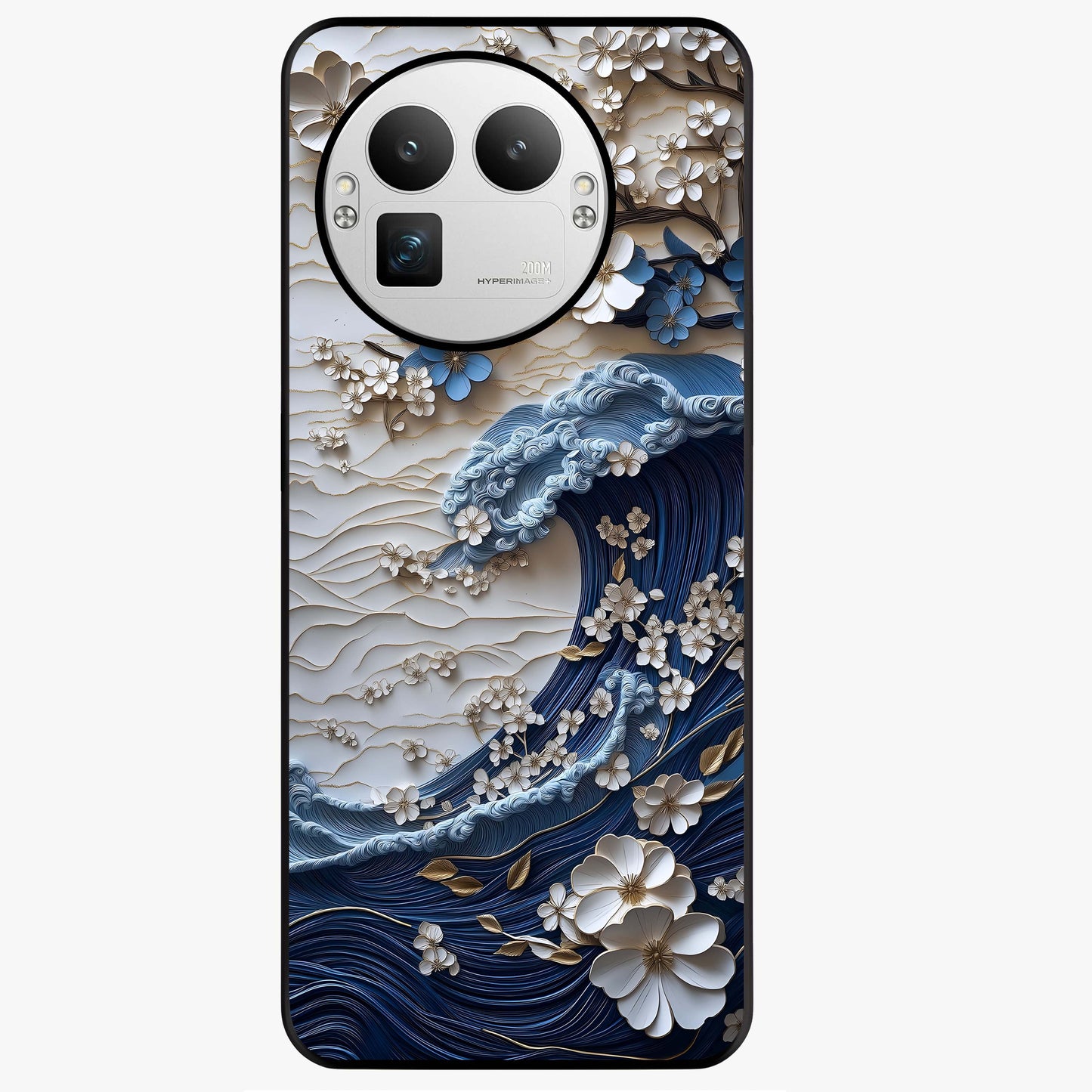 Floral Wave Origami Glass Case showing flat back view with origami inspired floral wave artwork and glossy glass finish.