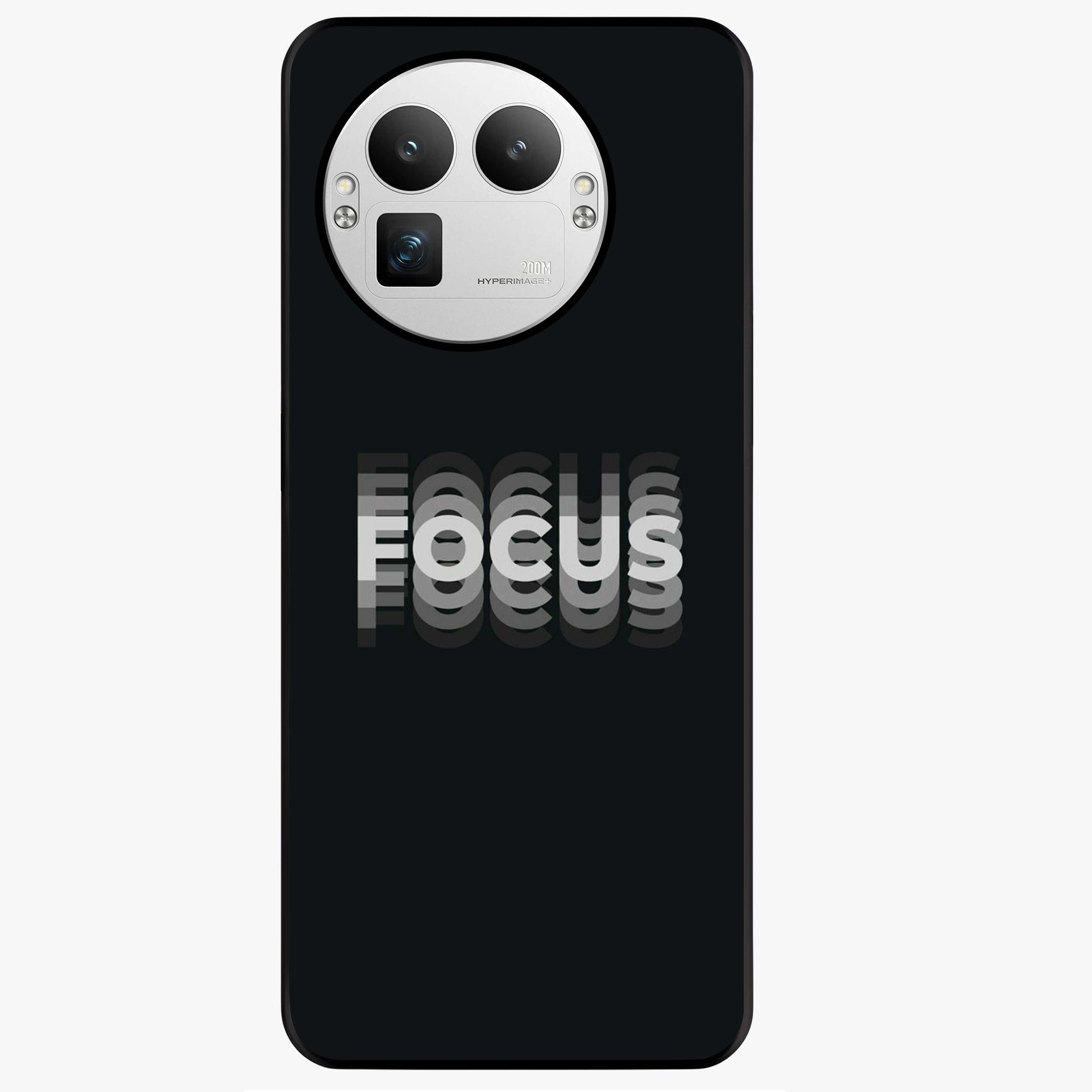Focus Mode On Glass Case showing flat back view with bold motivational typography design and glossy glass finish.