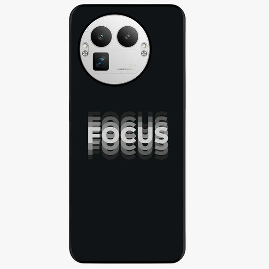 Focus Mode On Glass Case showing flat back view with bold motivational typography design and glossy glass finish.