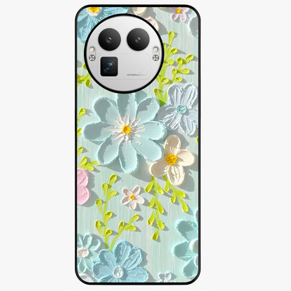 Frosted Petal Garden Glass Case showing flat back view with soft frosted floral artwork and glossy glass finish.