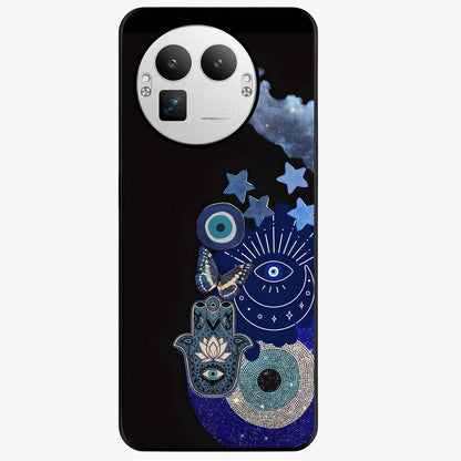 Galactic Charm Cluster Glass Case showing flat back view with glowing celestial charm artwork and glossy glass finish.