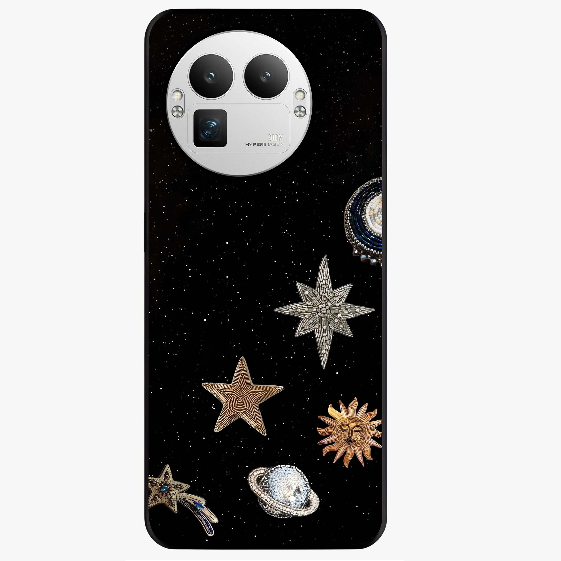 Galactic Charm Glow Glass Case showing flat back view with glowing celestial charm artwork and glossy glass finish.
