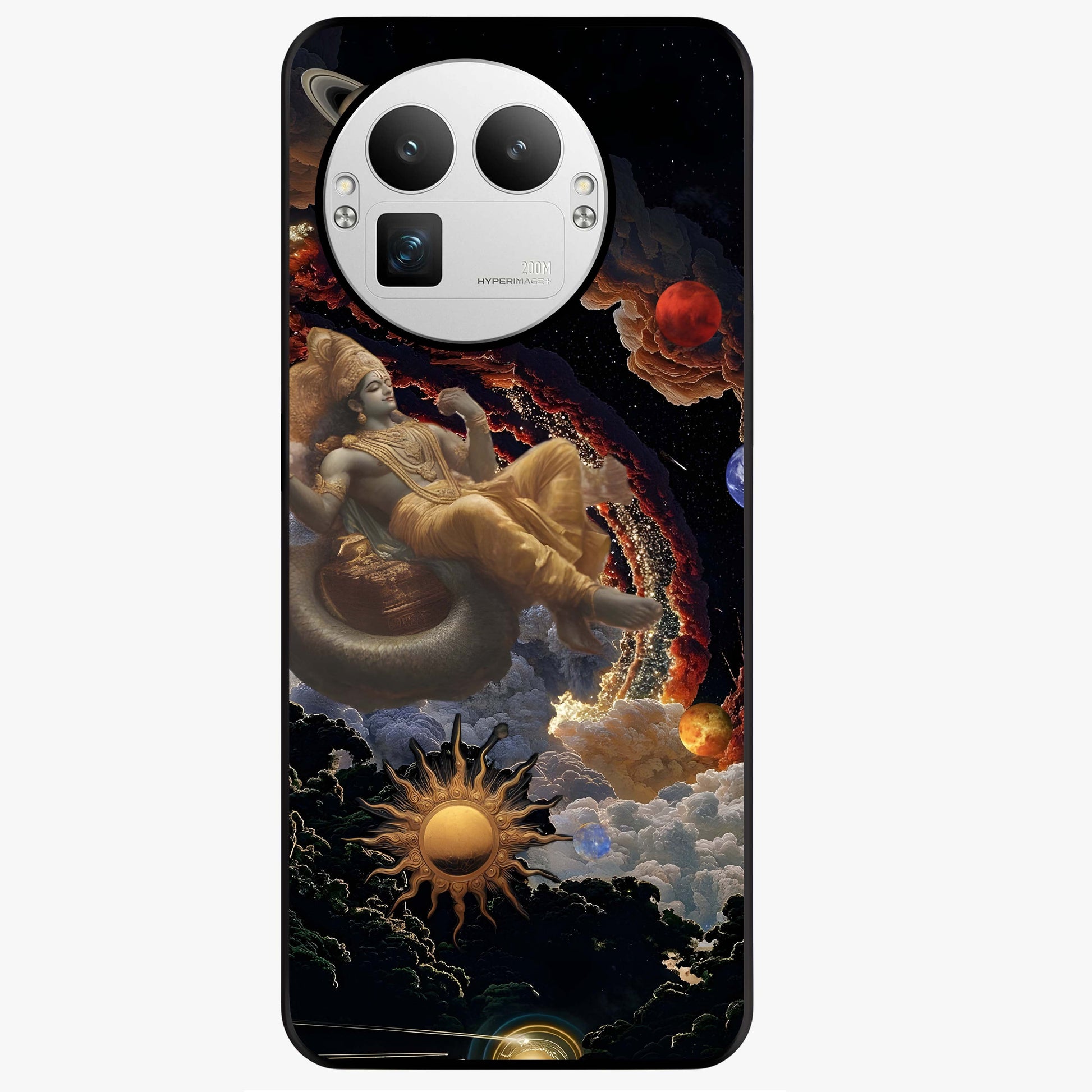 Galactic Divine God Glass Case showing flat back view with divine cosmic themed artwork and glossy glass finish.