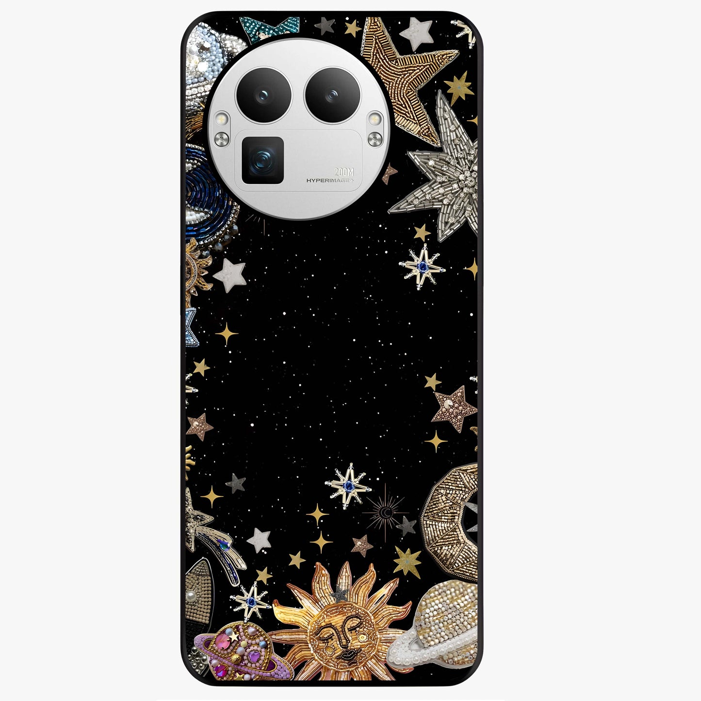 Galactic Jewel Stars Glass Case showing flat back view with sparkling star jewel artwork and glossy glass finish.