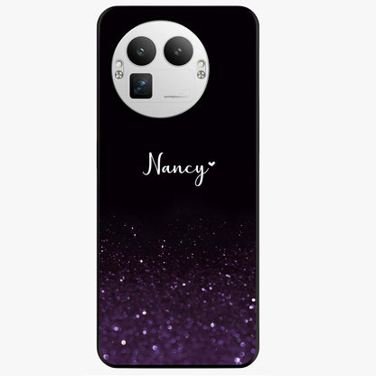Glittery Purple Bokeh Custom Name Glass Case showing flat back view with purple bokeh sparkle artwork and personalized name design.