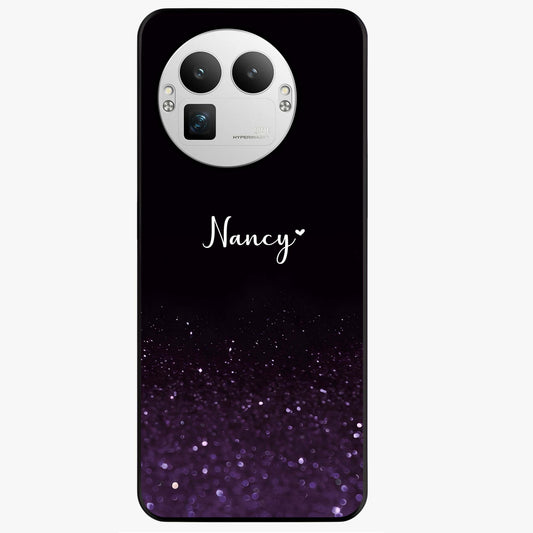 Glittery Purple Bokeh Custom Name Glass Case showing flat back view with purple bokeh sparkle artwork and personalized name design.
