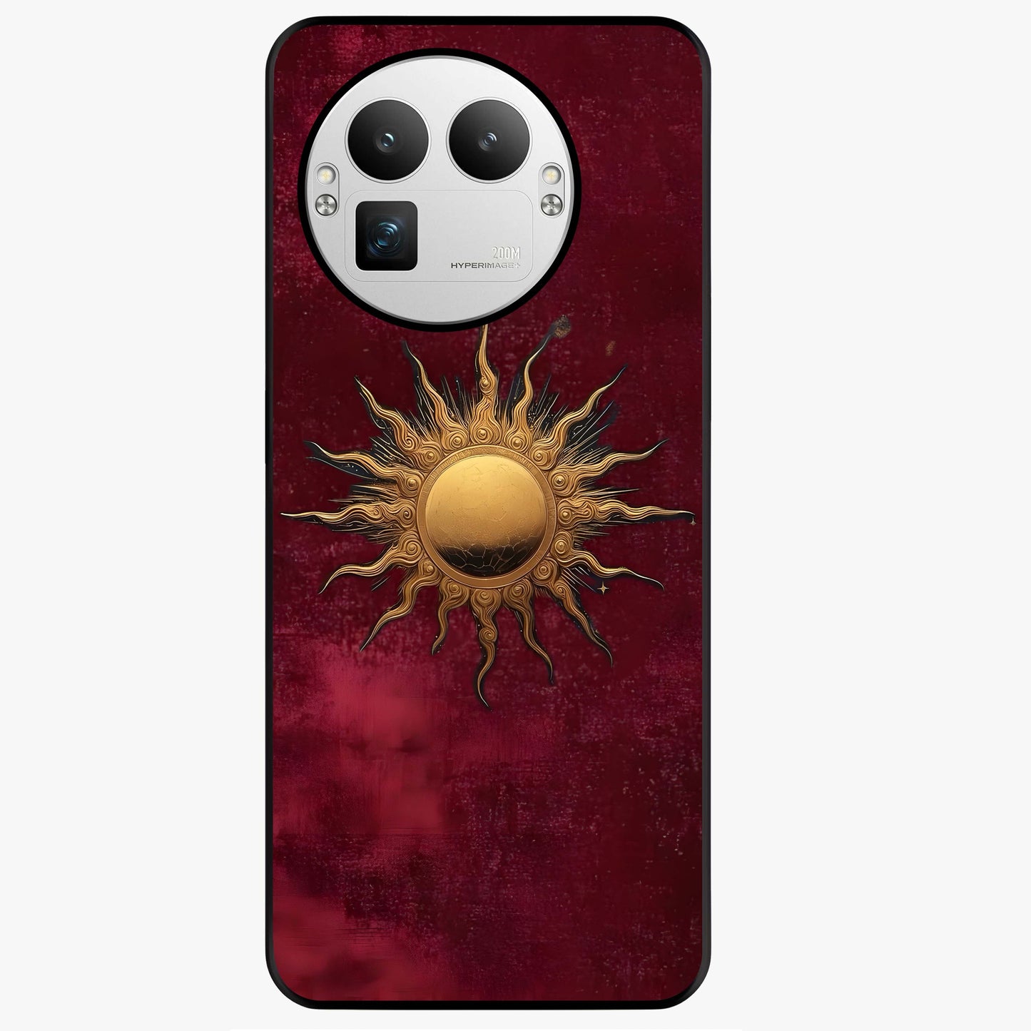 Gold Sun Blush Glass Case showing flat back view with golden sun inspired artwork and glossy glass finish.