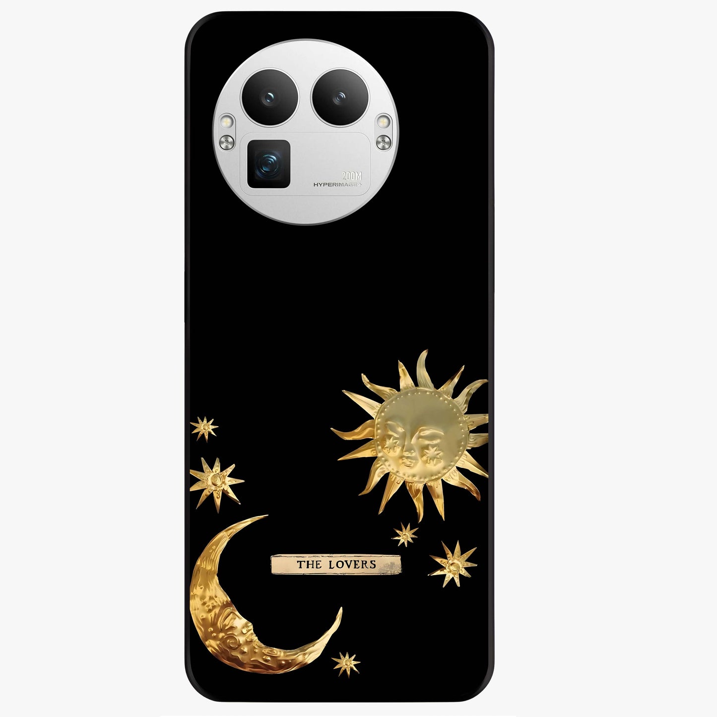 Golden Celestial Charm Glass Case showing flat back view with golden celestial charm artwork and glossy glass finish.