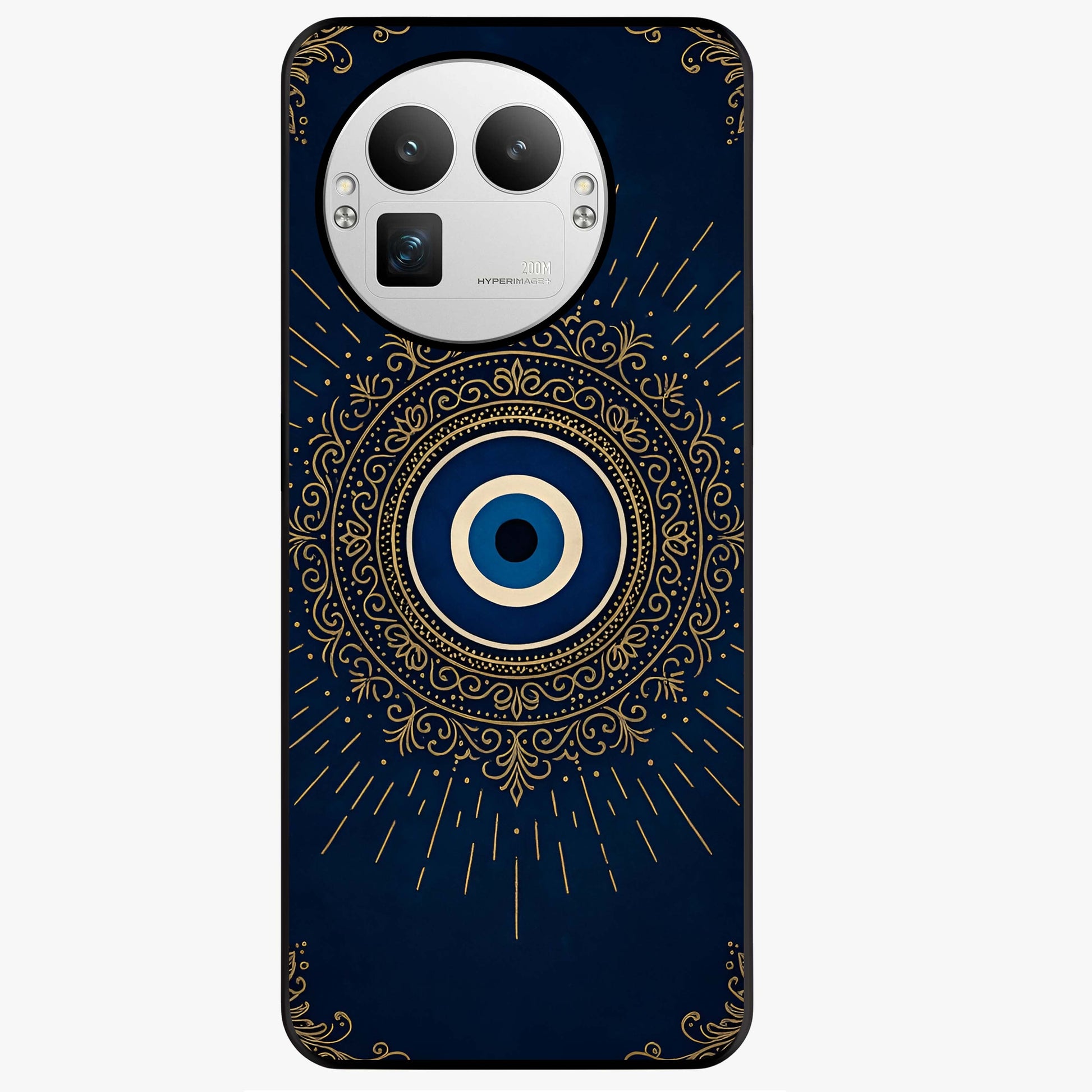 Golden Evil Eye Mandala Glass Case showing flat back view with intricate evil eye mandala artwork and glossy glass finish.
