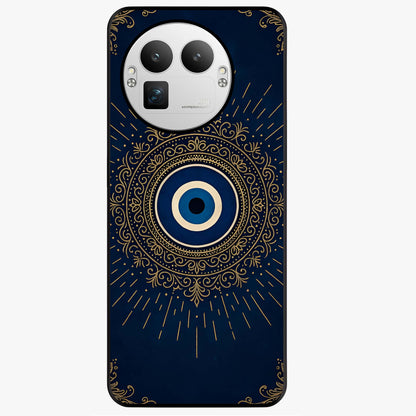Golden Evil Eye Mandala Glass Case showing flat back view with intricate evil eye mandala artwork and glossy glass finish.