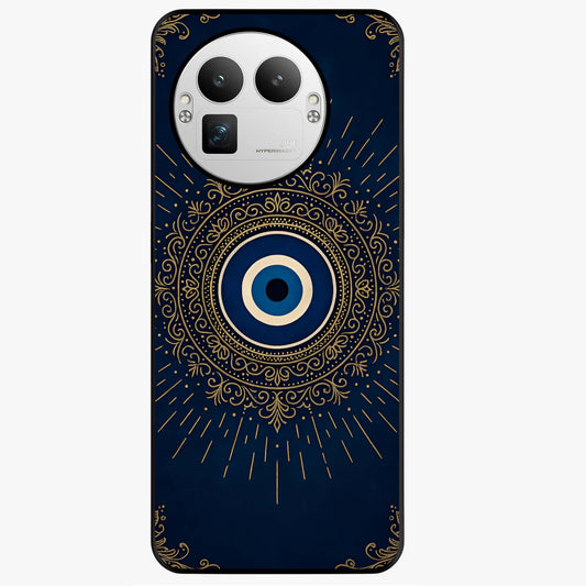 Golden Evil Eye Mandala Glass Case showing flat back view with intricate evil eye mandala artwork and glossy glass finish.