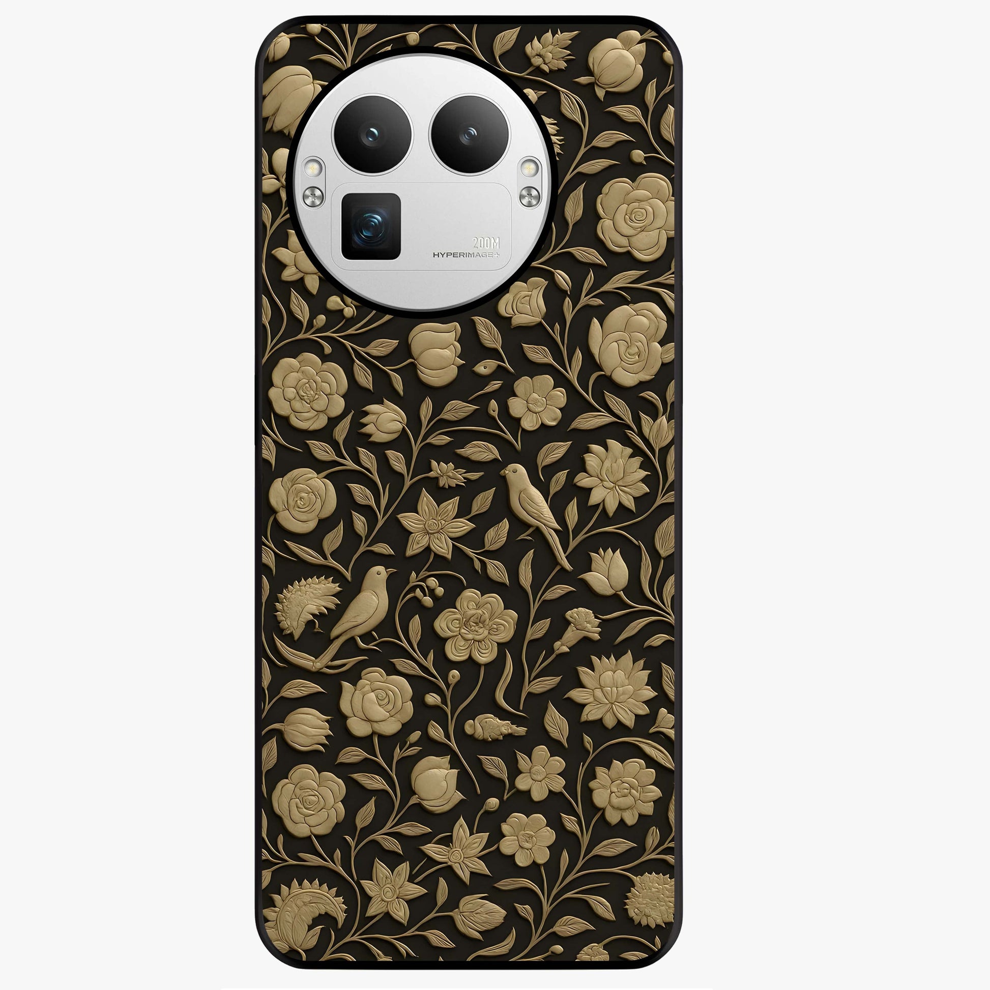 Golden Floral Majesty Glass Case showing flat back view with luxurious golden floral artwork and glossy glass finish.
