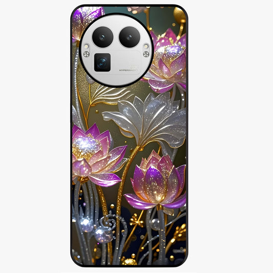 Golden Lotus Glow Glass Case showing flat back view with glowing lotus flower artwork and glossy glass finish.