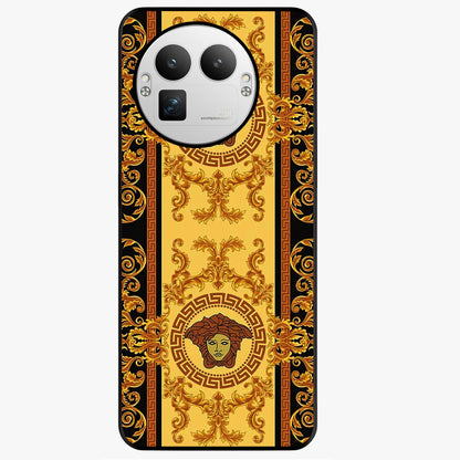 Golden Royal Heritage Glass Case showing flat back view with ornate royal pattern artwork and glossy glass finish.