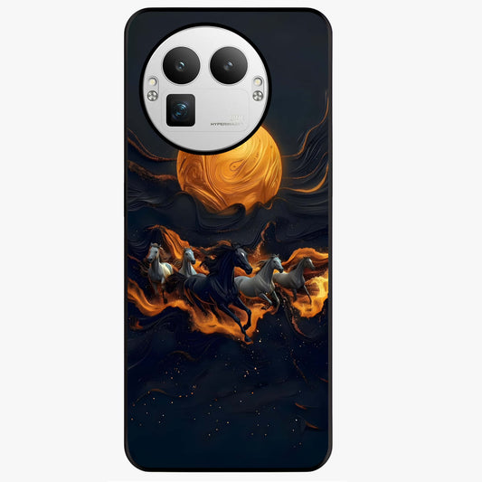 Golden Stallion Moonride Glass Case showing flat back view with majestic horse under moonlight artwork and glossy glass finish.