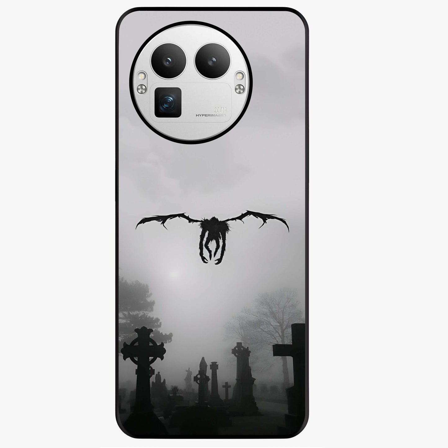 Graveyard Shadow Descent Glass Case showing flat back view with dark graveyard themed artwork and glossy glass finish.
