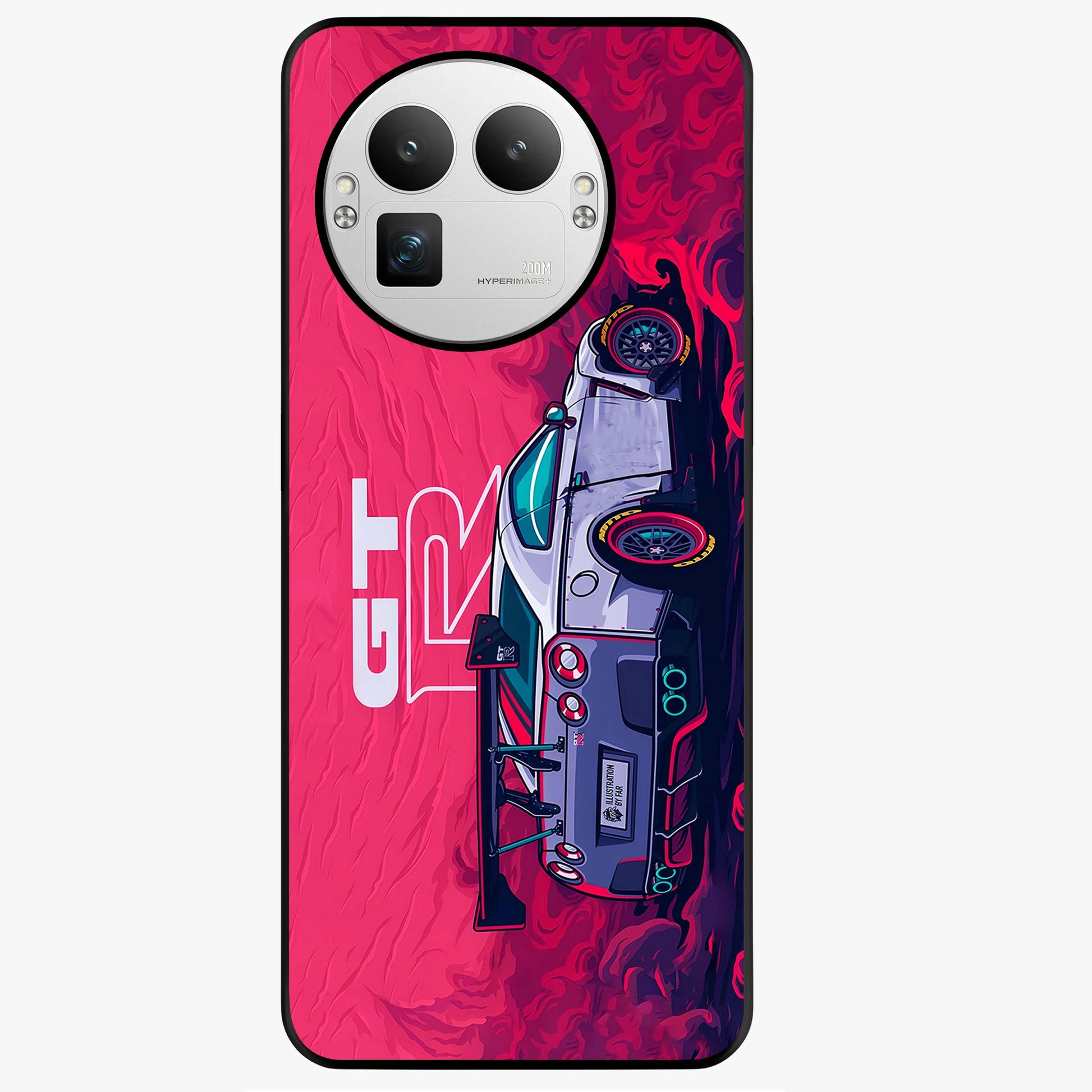 GT-R Car Pattern Glass Case showing flat back view with sporty car inspired pattern artwork and glossy glass finish.
